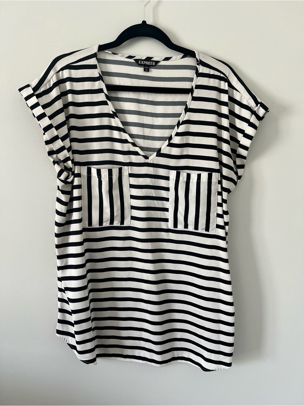Express Black & White Striped V-Neck Pocket Blouse